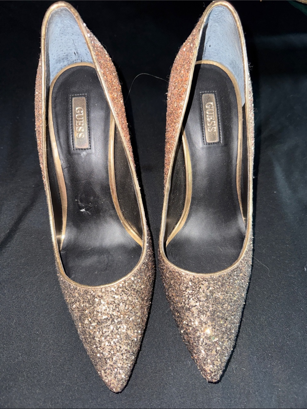 GUESS Glitter Pointed-Toe Pumps in Gold Sparkle